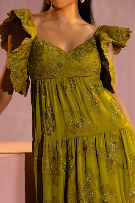 Buy_Tyohar_Green Satin Chiffon Embroidery Thread Sweetheart Neck Moya Ruffle Gown _Online_at_Aza_Fashions