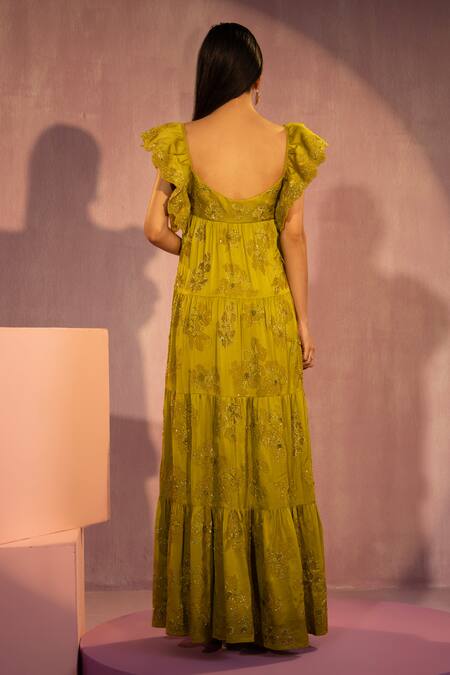 Shop_Tyohar_Green Satin Chiffon Embroidery Thread Sweetheart Neck Moya Ruffle Gown _at_Aza_Fashions