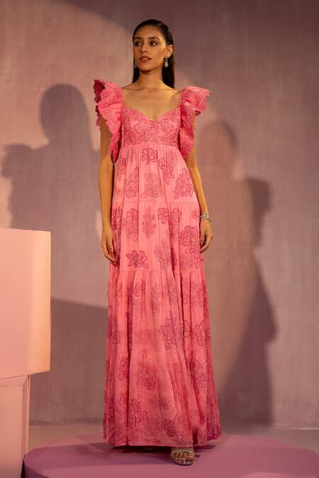 Tyohar_Pink Satin Chiffon Embroidery Thread Sweetheart Neck Miya Ruffle Sleeve Gown _Online_at_Aza_Fashions
