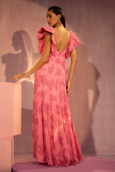 Shop_Tyohar_Pink Satin Chiffon Embroidery Thread Sweetheart Neck Miya Ruffle Sleeve Gown _at_Aza_Fashions