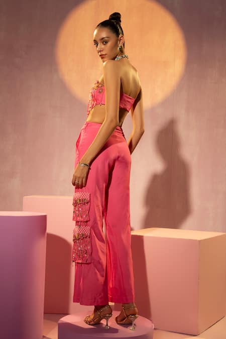 Shop Tyohar Pink Tabby Silk Embroidery Bead Cutwork Crop Top And Cargo Pant Set at Aza Fashions Shop_Tyohar_Pink Tabby Silk Embroidery Bead Cutwork Crop Top And Cargo Pant Set_at_Aza_Fashions