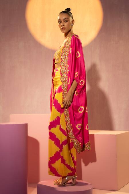 Tyohar_Pink Silk Embroidery Geometric Kaftan Open Pant Set_Online_at_Aza_Fashions