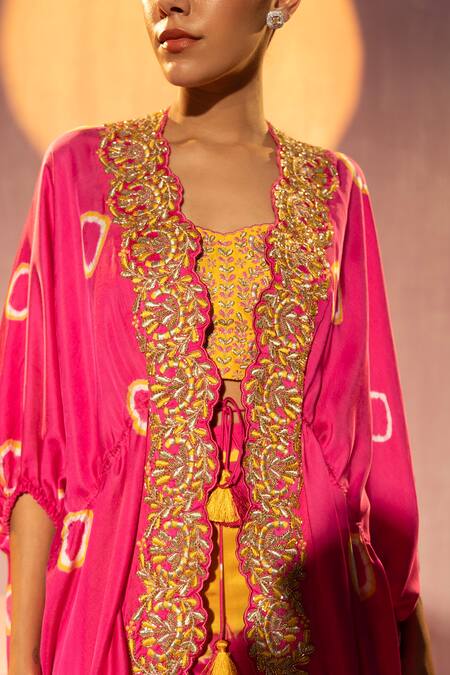 Buy_Tyohar_Pink Silk Embroidery Geometric Kaftan Open Pant Set_Online_at_Aza_Fashions