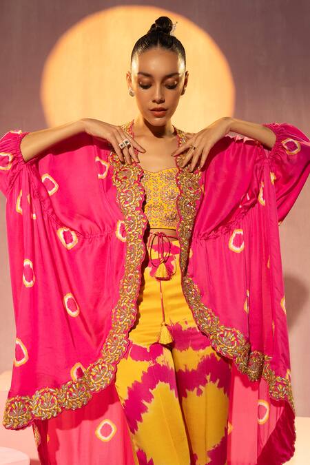 Shop_Tyohar_Pink Silk Embroidery Geometric Kaftan Open Pant Set_Online_at_Aza_Fashions