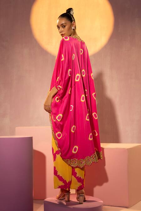 Shop_Tyohar_Pink Silk Embroidery Geometric Kaftan Open Pant Set_at_Aza_Fashions