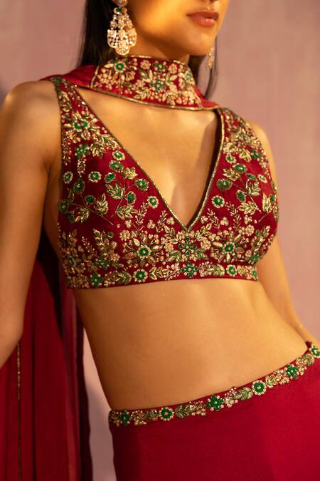 Tyohar Red Silk, Viscose Zari, Beads, Cut Nora Waistband Embroidered Tiered Lehenga Set Online at Aza Fashions Tyohar_Red Silk, Viscose Zari, Beads, Cut Nora Waistband Embroidered Tiered Lehenga Set_Online_at_Aza_Fashions