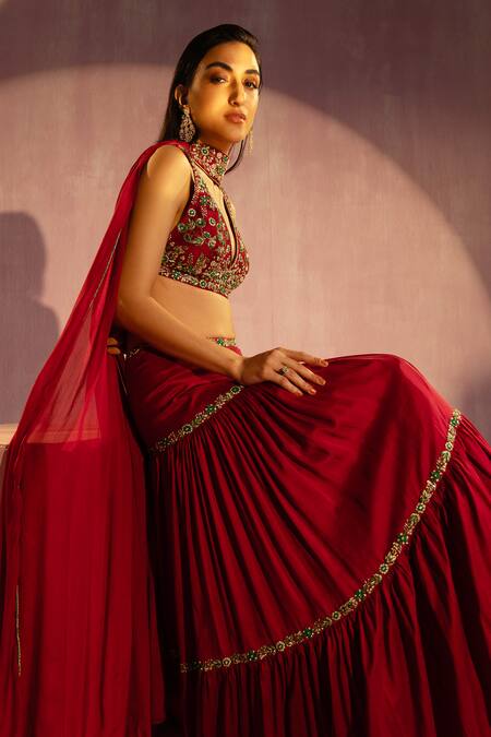 Buy Tyohar Red Silk, Viscose Zari, Beads, Cut Nora Waistband Embroidered Tiered Lehenga Set Online at Aza Fashions Buy_Tyohar_Red Silk, Viscose Zari, Beads, Cut Nora Waistband Embroidered Tiered Lehenga Set_Online_at_Aza_Fashions