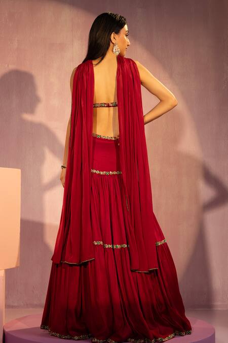Shop Tyohar Red Silk, Viscose Zari, Beads, Cut Nora Waistband Embroidered Tiered Lehenga Set at Aza Fashions Shop_Tyohar_Red Silk, Viscose Zari, Beads, Cut Nora Waistband Embroidered Tiered Lehenga Set_at_Aza_Fashions