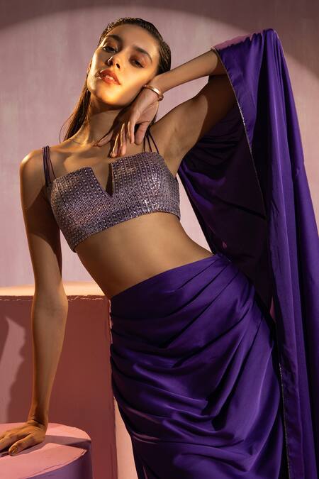 Buy Tyohar Purple Silk, Satin Cut Work, Embroidery Navya Pre-draped Saree With Bustier Online at Aza Fashions Buy_Tyohar_Purple Silk, Satin Cut Work, Embroidery Navya Pre-draped Saree With Bustier_Online_at_Aza_Fashions