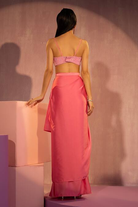 Shop Tyohar Pink Silk, Satin Sequins Sweetheart Neck Embroidered Bustier And Draped Skirt at Aza Fashions Shop_Tyohar_Pink Silk, Satin Sequins Sweetheart Neck Embroidered Bustier And Draped Skirt_at_Aza_Fashions
