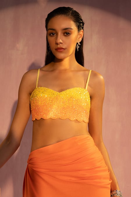 Tyohar_Orange Crepe Sequins Samira Ombre Embroidered Bustier And Draped Skirt Set_Online_at_Aza_Fashions