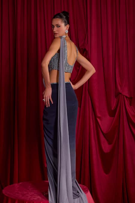 Shop Tyohar Blue Crepe Sequins, Embroidery Round Rhea Ombre Pre-draped Saree With Bustier at Aza Fashions Shop_Tyohar_Blue Crepe Sequins, Embroidery Round Rhea Ombre Pre-draped Saree With Bustier_at_Aza_Fashions