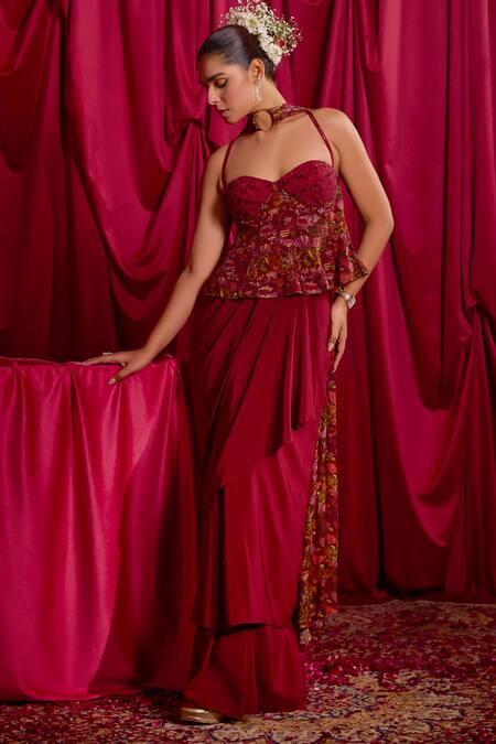 Tyohar Red Chiffon, Crepe Embroidery Sweetheart Neck Leysha Peplum Top Skirt Set Online at Aza Fashions Tyohar_Red Chiffon, Crepe Embroidery Sweetheart Neck Leysha Peplum Top Skirt Set_Online_at_Aza_Fashions