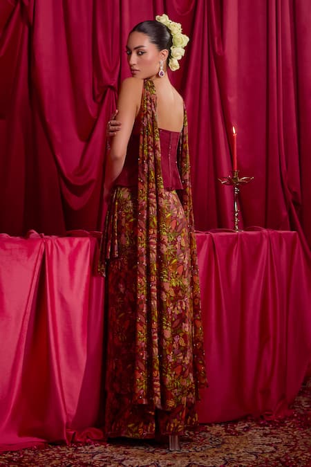 Tyohar_Maroon Crepe, Chiffon Embroidery Sweetheart Aamaya Peplum Top Printed Skirt Set _Online_at_Aza_Fashions