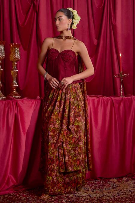 Buy_Tyohar_Maroon Crepe, Chiffon Embroidery Sweetheart Aamaya Peplum Top Printed Skirt Set _Online_at_Aza_Fashions