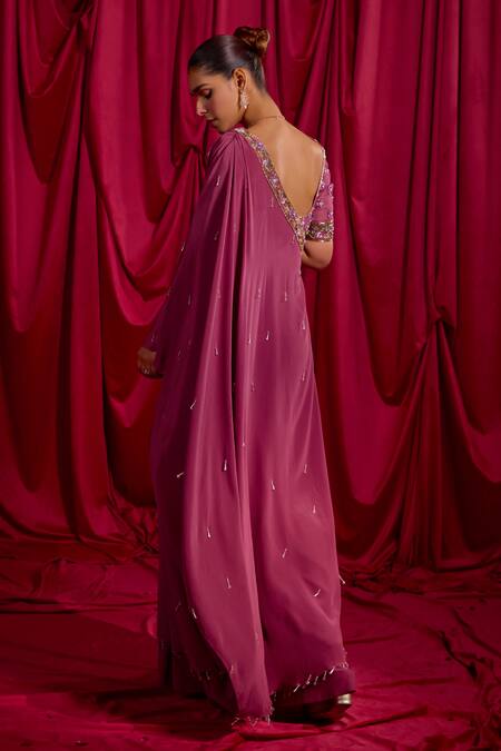 Shop Tyohar Purple Crepe Embroidery, Tassels V-neck Aarani Cape And Palazzo Set at Aza Fashions Shop_Tyohar_Purple Crepe Embroidery, Tassels V-neck Aarani Cape And Palazzo Set_at_Aza_Fashions