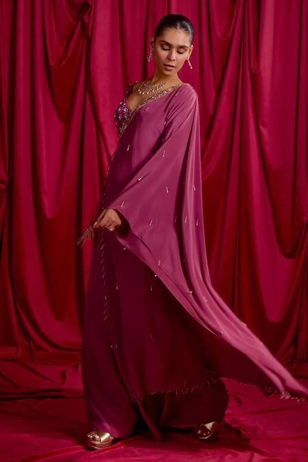 Tyohar Purple Crepe Embroidery, Tassels V-neck Aarani Cape And Palazzo Set Online at Aza Fashions Tyohar_Purple Crepe Embroidery, Tassels V-neck Aarani Cape And Palazzo Set_Online_at_Aza_Fashions