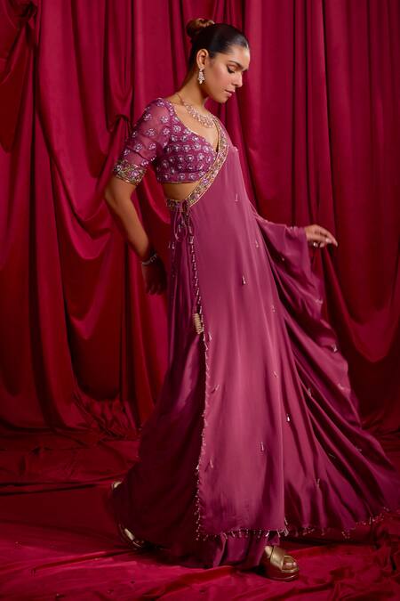 Buy Tyohar Purple Crepe Embroidery, Tassels V-neck Aarani Cape And Palazzo Set Online at Aza Fashions Buy_Tyohar_Purple Crepe Embroidery, Tassels V-neck Aarani Cape And Palazzo Set_Online_at_Aza_Fashions