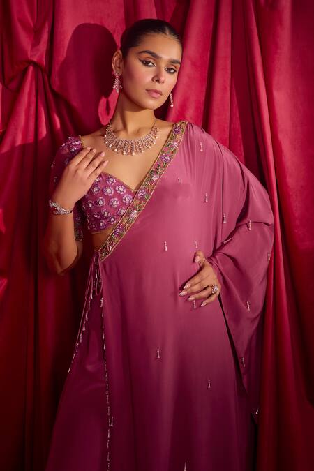 Shop Tyohar Purple Crepe Embroidery, Tassels V-neck Aarani Cape And Palazzo Set Online at Aza Fashions Shop_Tyohar_Purple Crepe Embroidery, Tassels V-neck Aarani Cape And Palazzo Set_Online_at_Aza_Fashions