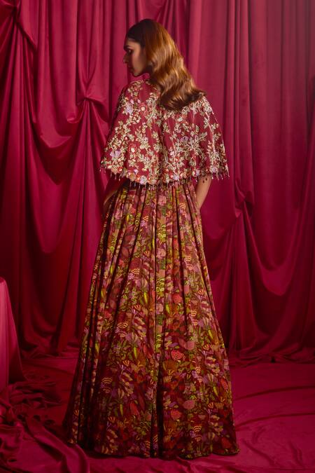 Shop Tyohar Maroon Crepe, Linen Embroidery Round Lakisha Floral Print Anarkali And Cape Set at Aza Fashions Shop_Tyohar_Maroon Crepe, Linen Embroidery Round Lakisha Floral Print Anarkali And Cape Set_at_Aza_Fashions