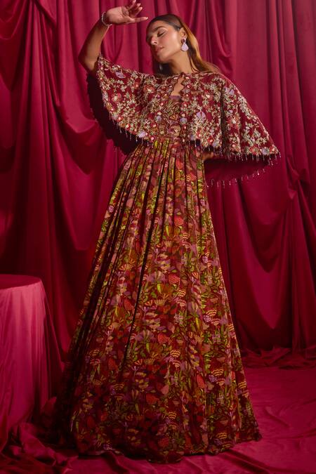 Tyohar Maroon Crepe, Linen Embroidery Round Lakisha Floral Print Anarkali And Cape Set Online at Aza Fashions Tyohar_Maroon Crepe, Linen Embroidery Round Lakisha Floral Print Anarkali And Cape Set_Online_at_Aza_Fashions