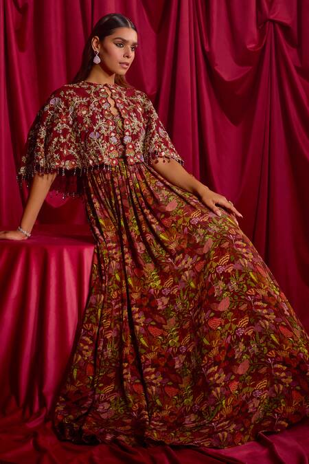 Buy Tyohar Maroon Crepe, Linen Embroidery Round Lakisha Floral Print Anarkali And Cape Set Online at Aza Fashions Buy_Tyohar_Maroon Crepe, Linen Embroidery Round Lakisha Floral Print Anarkali And Cape Set_Online_at_Aza_Fashions