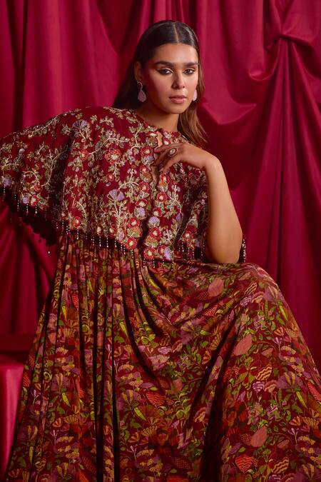 Shop Tyohar Maroon Crepe, Linen Embroidery Round Lakisha Floral Print Anarkali And Cape Set Online at Aza Fashions Shop_Tyohar_Maroon Crepe, Linen Embroidery Round Lakisha Floral Print Anarkali And Cape Set_Online_at_Aza_Fashions