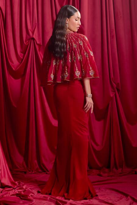 Shop Tyohar Red Crepe Embroidery Asymmetric Zansi Cape And Draped Skirt Set at Aza Fashions Shop_Tyohar_Red Crepe Embroidery Asymmetric Zansi Cape And Draped Skirt Set_at_Aza_Fashions