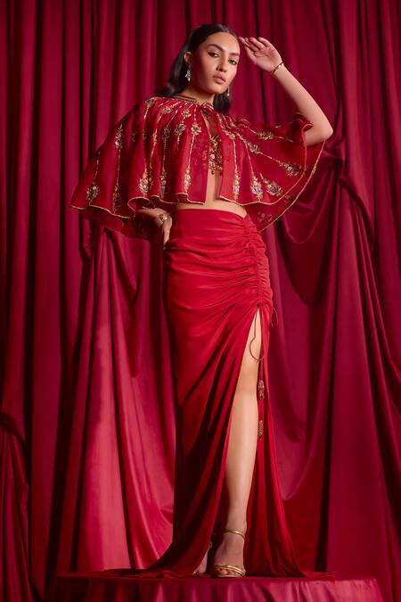 Tyohar Red Crepe Embroidery Asymmetric Zansi Cape And Draped Skirt Set Online at Aza Fashions Tyohar_Red Crepe Embroidery Asymmetric Zansi Cape And Draped Skirt Set_Online_at_Aza_Fashions