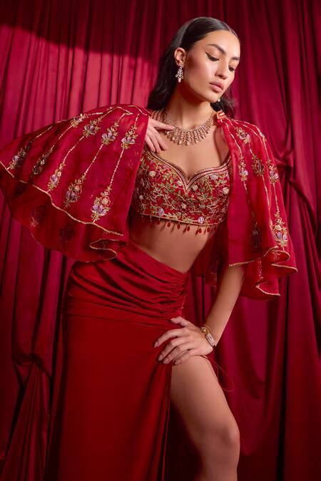 Tyohar Red Crepe Embroidery Asymmetric Zansi Cape And Draped Skirt Set at Aza Fashions Tyohar_Red Crepe Embroidery Asymmetric Zansi Cape And Draped Skirt Set_at_Aza_Fashions