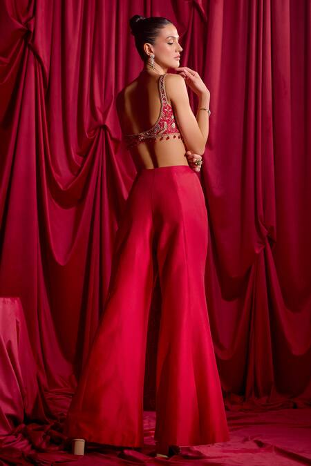 Shop Tyohar Red Silk, Crepe Stones, Embroidery Square Kshiti Paneled Kurta And Palazzo Set at Aza Fashions Shop_Tyohar_Red Silk, Crepe Stones, Embroidery Square Kshiti Paneled Kurta And Palazzo Set_at_Aza_Fashions