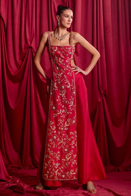 Tyohar Red Silk, Crepe Stones, Embroidery Square Kshiti Paneled Kurta And Palazzo Set Online at Aza Fashions Tyohar_Red Silk, Crepe Stones, Embroidery Square Kshiti Paneled Kurta And Palazzo Set_Online_at_Aza_Fashions