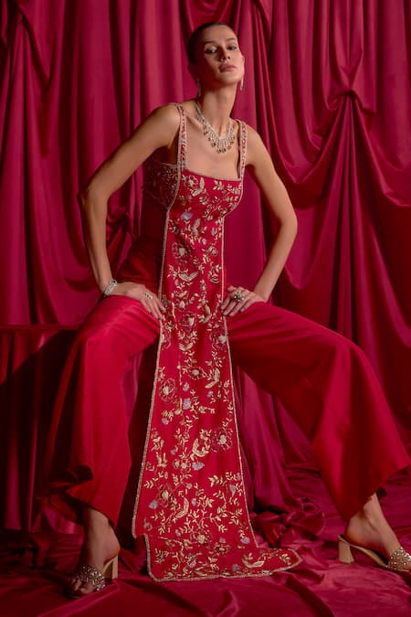 Buy Tyohar Red Silk, Crepe Stones, Embroidery Square Kshiti Paneled Kurta And Palazzo Set Online at Aza Fashions Buy_Tyohar_Red Silk, Crepe Stones, Embroidery Square Kshiti Paneled Kurta And Palazzo Set_Online_at_Aza_Fashions