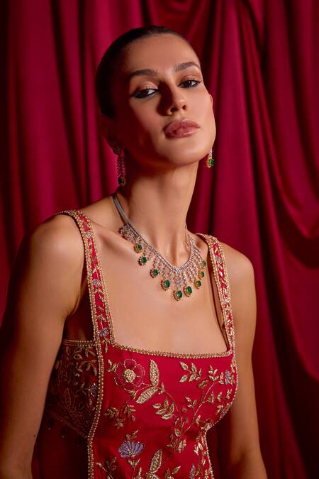 Shop Tyohar Red Silk, Crepe Stones, Embroidery Square Kshiti Paneled Kurta And Palazzo Set Online at Aza Fashions Shop_Tyohar_Red Silk, Crepe Stones, Embroidery Square Kshiti Paneled Kurta And Palazzo Set_Online_at_Aza_Fashions