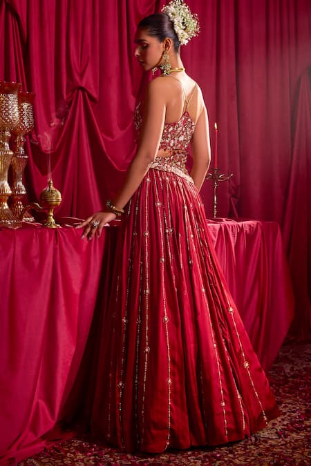 Shop Tyohar Red Satin, Chiffon, Crepe Embroidery, Stones Square Malti Blouse And Lehenga Set at Aza Fashions Shop_Tyohar_Red Satin, Chiffon, Crepe Embroidery, Stones Square Malti Blouse And Lehenga Set_at_Aza_Fashions