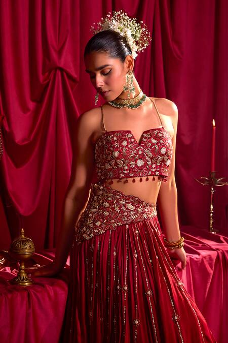 Shop Tyohar Red Satin, Chiffon, Crepe Embroidery, Stones Square Malti Blouse And Lehenga Set Online at Aza Fashions Shop_Tyohar_Red Satin, Chiffon, Crepe Embroidery, Stones Square Malti Blouse And Lehenga Set_Online_at_Aza_Fashions