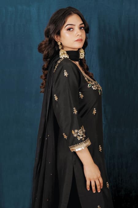 Shop_Saubhagya_Black Silk, Chiffon Crystals, Cut Work, Sequins, Floral Placement Kurta Set _Online_at_Aza_Fashions