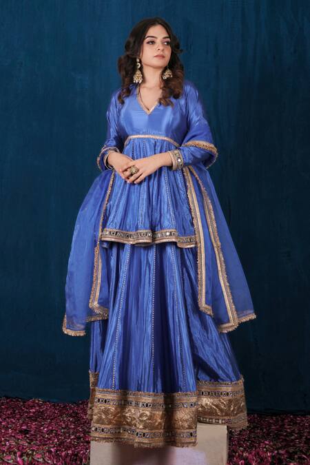 Saubhagya_Blue Microfiber, Silk, Organza Gota Patti, Embroidered Peplum Top And Skirt Set _Online_at_Aza_Fashions