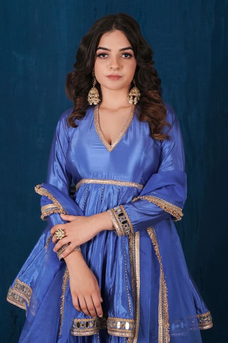 Buy_Saubhagya_Blue Microfiber, Silk, Organza Gota Patti, Embroidered Peplum Top And Skirt Set _Online_at_Aza_Fashions