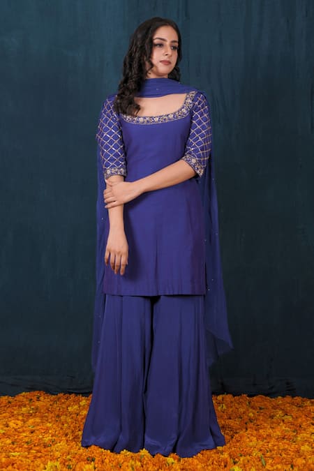 Saubhagya Blue Kurta Silk Embroidery Sequin Scoop Neck Sleeve Set