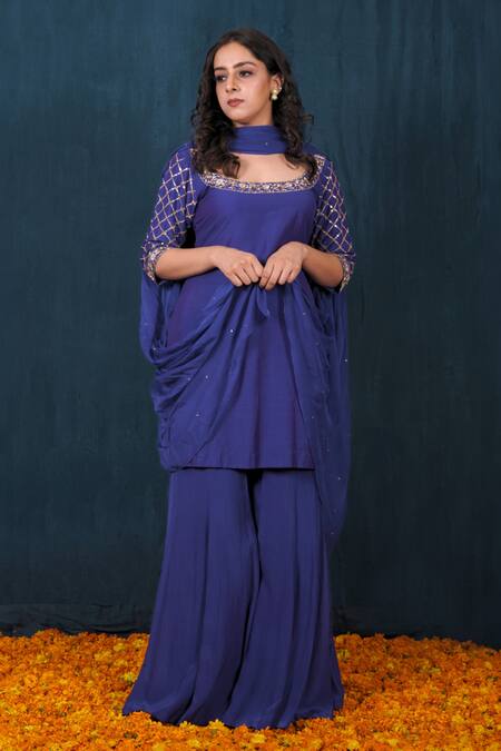 Saubhagya Blue Silk, Organza, Crepe Sequins, Cut Work, Sleeve Embroidered Kurta Set Online at Aza Fashions Saubhagya_Blue Silk, Organza, Crepe Sequins, Cut Work, Sleeve Embroidered Kurta Set _Online_at_Aza_Fashions