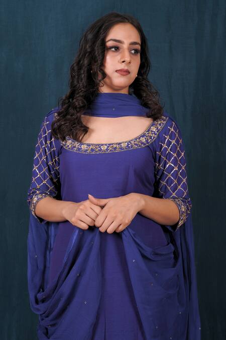 Shop Saubhagya Blue Silk, Organza, Crepe Sequins, Cut Work, Sleeve Embroidered Kurta Set Online at Aza Fashions Shop_Saubhagya_Blue Silk, Organza, Crepe Sequins, Cut Work, Sleeve Embroidered Kurta Set _Online_at_Aza_Fashions