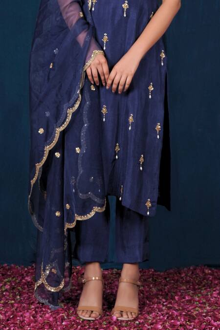 Saubhagya Blue Silk, Organza Cut Work, Sequins Round Neck Moti Embroidered Kurta Set Online at Aza Fashions Saubhagya_Blue Silk, Organza Cut Work, Sequins Round Neck Moti Embroidered Kurta Set _Online_at_Aza_Fashions