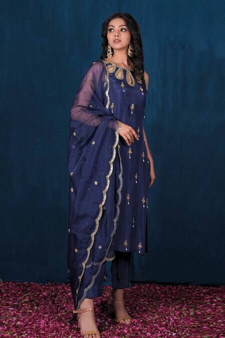 Buy Saubhagya Blue Silk, Organza Cut Work, Sequins Round Neck Moti Embroidered Kurta Set Online at Aza Fashions Buy_Saubhagya_Blue Silk, Organza Cut Work, Sequins Round Neck Moti Embroidered Kurta Set _Online_at_Aza_Fashions