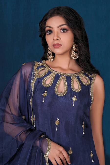 Shop Saubhagya Blue Silk, Organza Cut Work, Sequins Round Neck Moti Embroidered Kurta Set Online at Aza Fashions Shop_Saubhagya_Blue Silk, Organza Cut Work, Sequins Round Neck Moti Embroidered Kurta Set _Online_at_Aza_Fashions