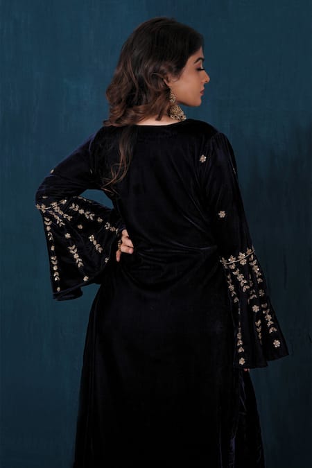 Shop Saubhagya Blue Velvet Sequins V-neck Embroidered Kurta And Wide Legged Pant Set at Aza Fashions Shop_Saubhagya_Blue Velvet Sequins V-neck Embroidered Kurta And Wide Legged Pant Set _at_Aza_Fashions