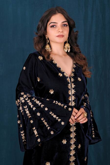 Shop Saubhagya Blue Velvet Sequins V-neck Embroidered Kurta And Wide Legged Pant Set Online at Aza Fashions Shop_Saubhagya_Blue Velvet Sequins V-neck Embroidered Kurta And Wide Legged Pant Set _Online_at_Aza_Fashions