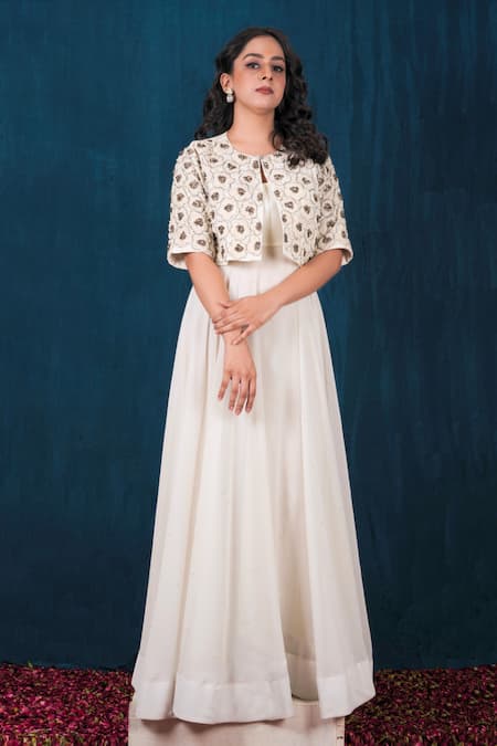 Saubhagya Off White Georgette, Linen Pearls, Solid Anarkali With Embroidered Jacket 