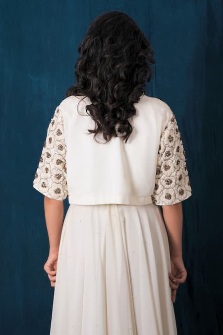 Shop_Saubhagya_Off White Georgette, Linen Pearls, Solid Anarkali With Embroidered Jacket _at_Aza_Fashions