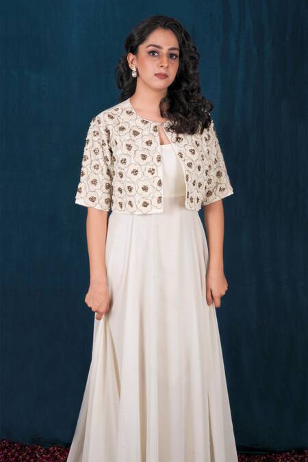 Saubhagya_Off White Georgette, Linen Pearls, Solid Anarkali With Embroidered Jacket _Online_at_Aza_Fashions